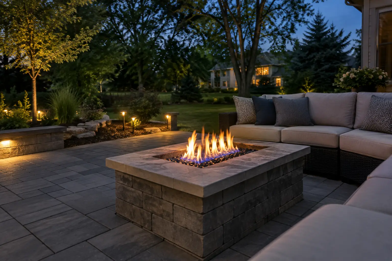 Natural gas fire pit on a paver patio