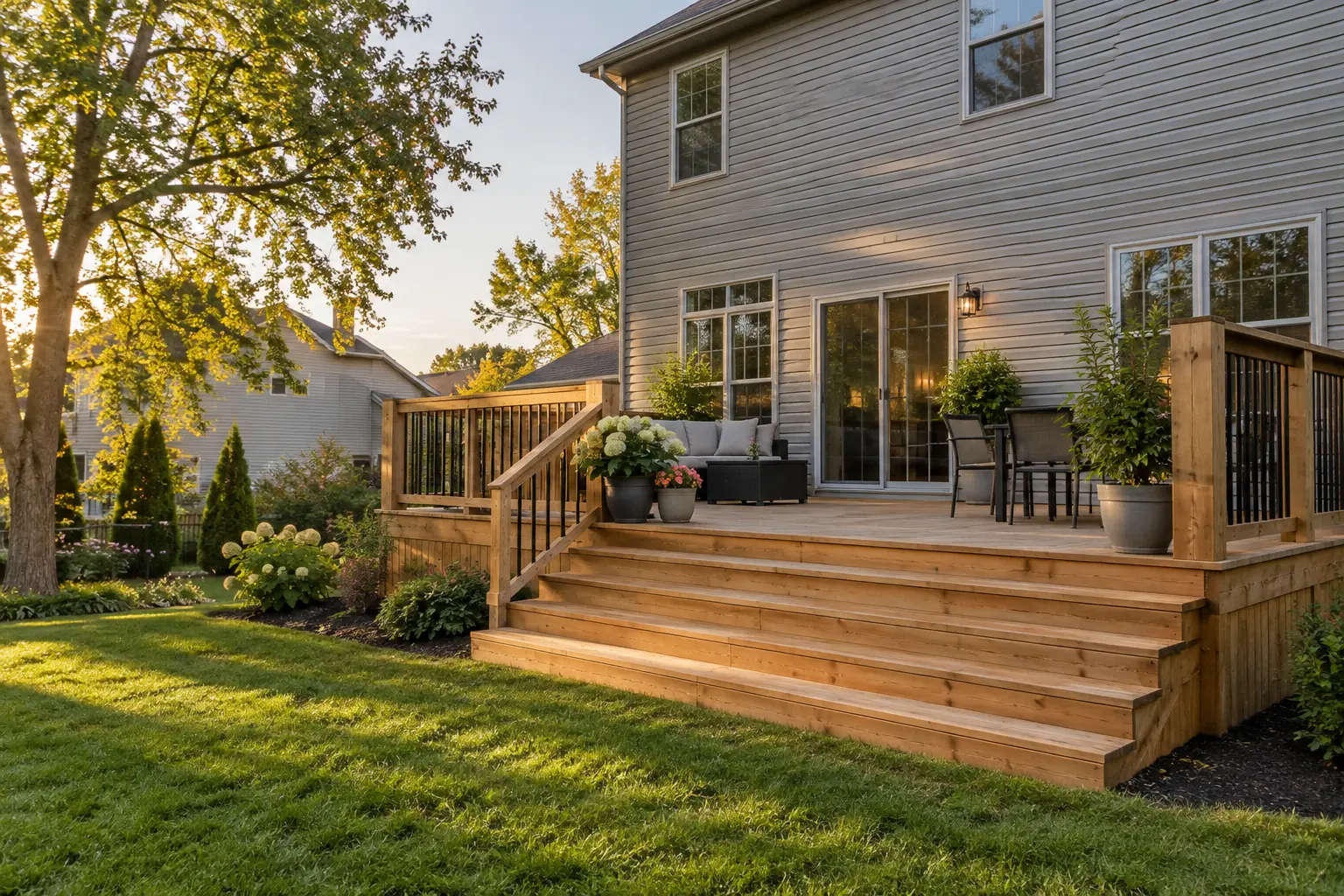 Cedar deck with stairs off the back of a home