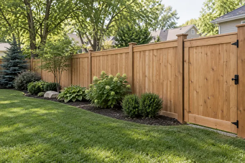 Cedar privacy fence along a backyard lawn