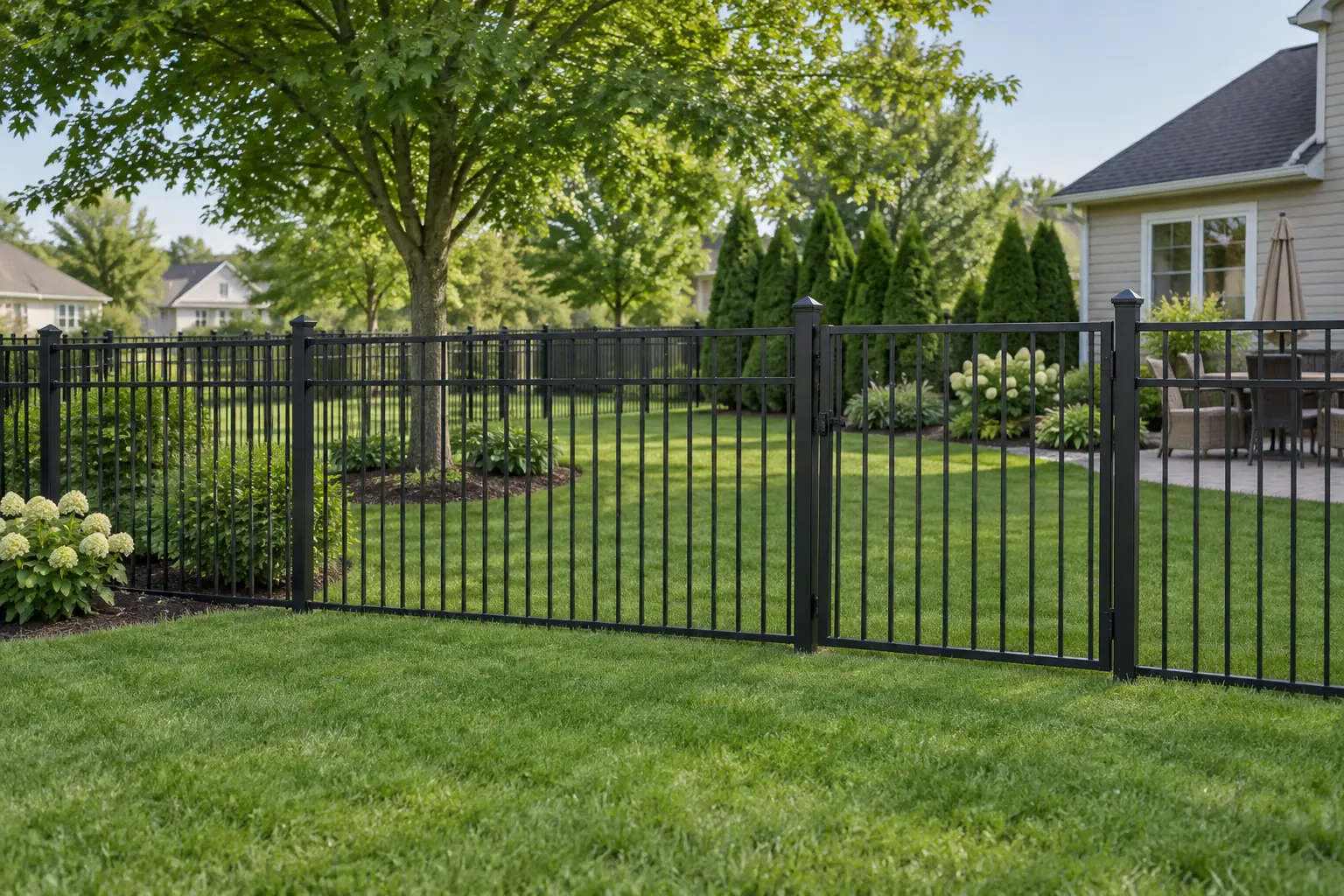 Black aluminum fence around a backyard lawn