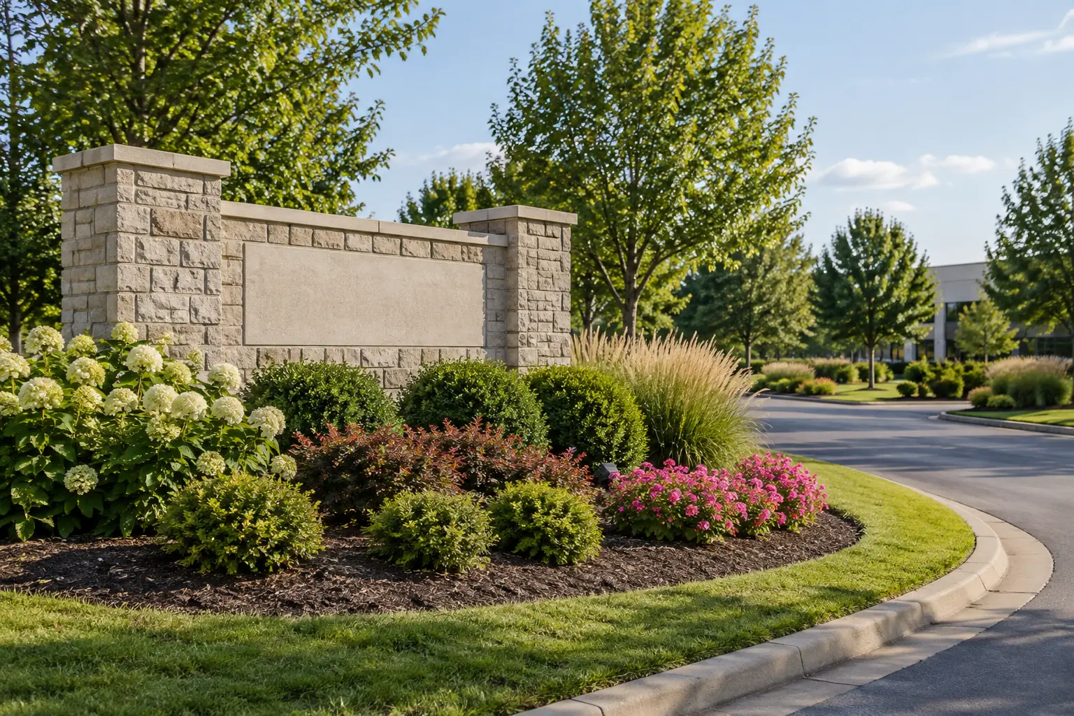 Landscaped entrance beds at an office entry