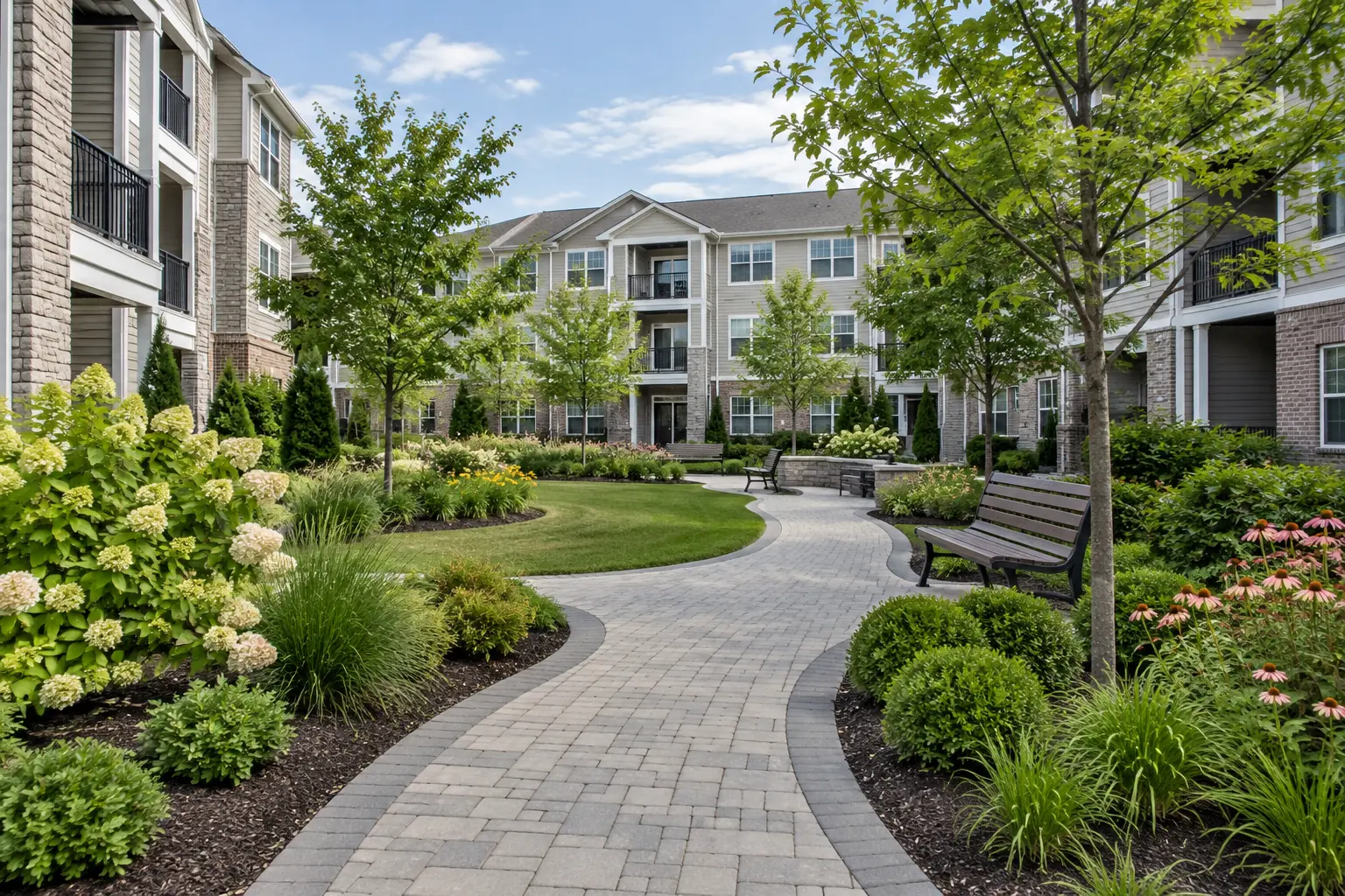 Landscaped apartment courtyard with a paver walkway, shrub beds and young shade trees