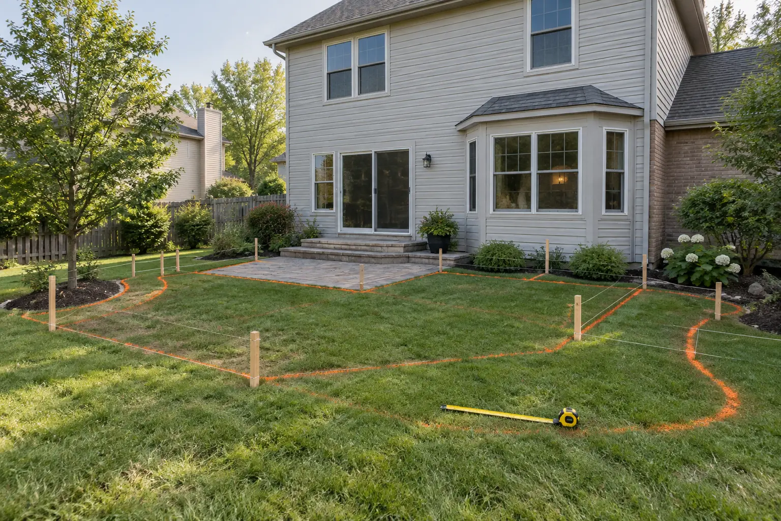 Backyard lawn marked with paint lines and stakes outlining a future patio and planting beds