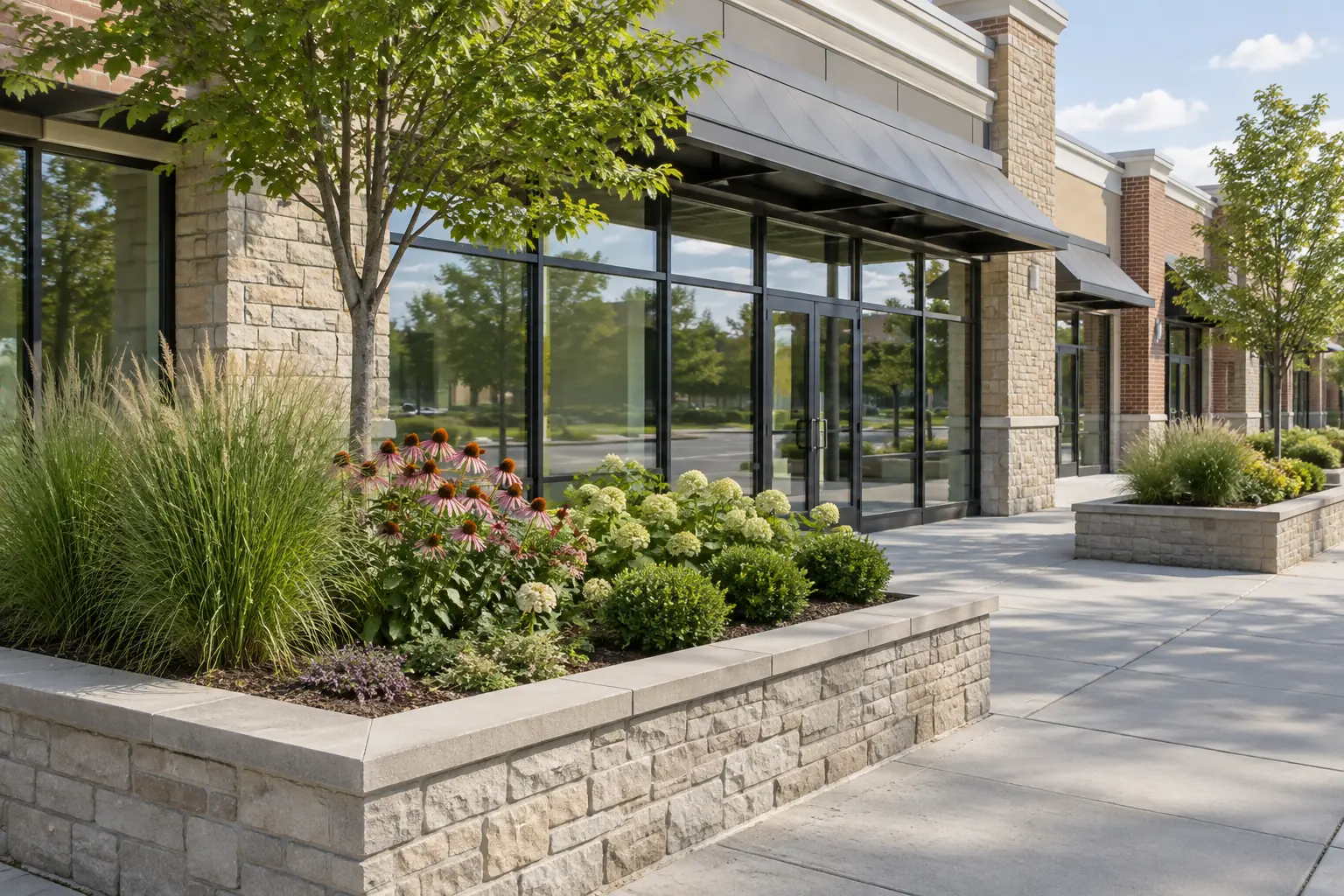 Retail plaza sidewalk with raised planters of ornamental grasses and coneflowers