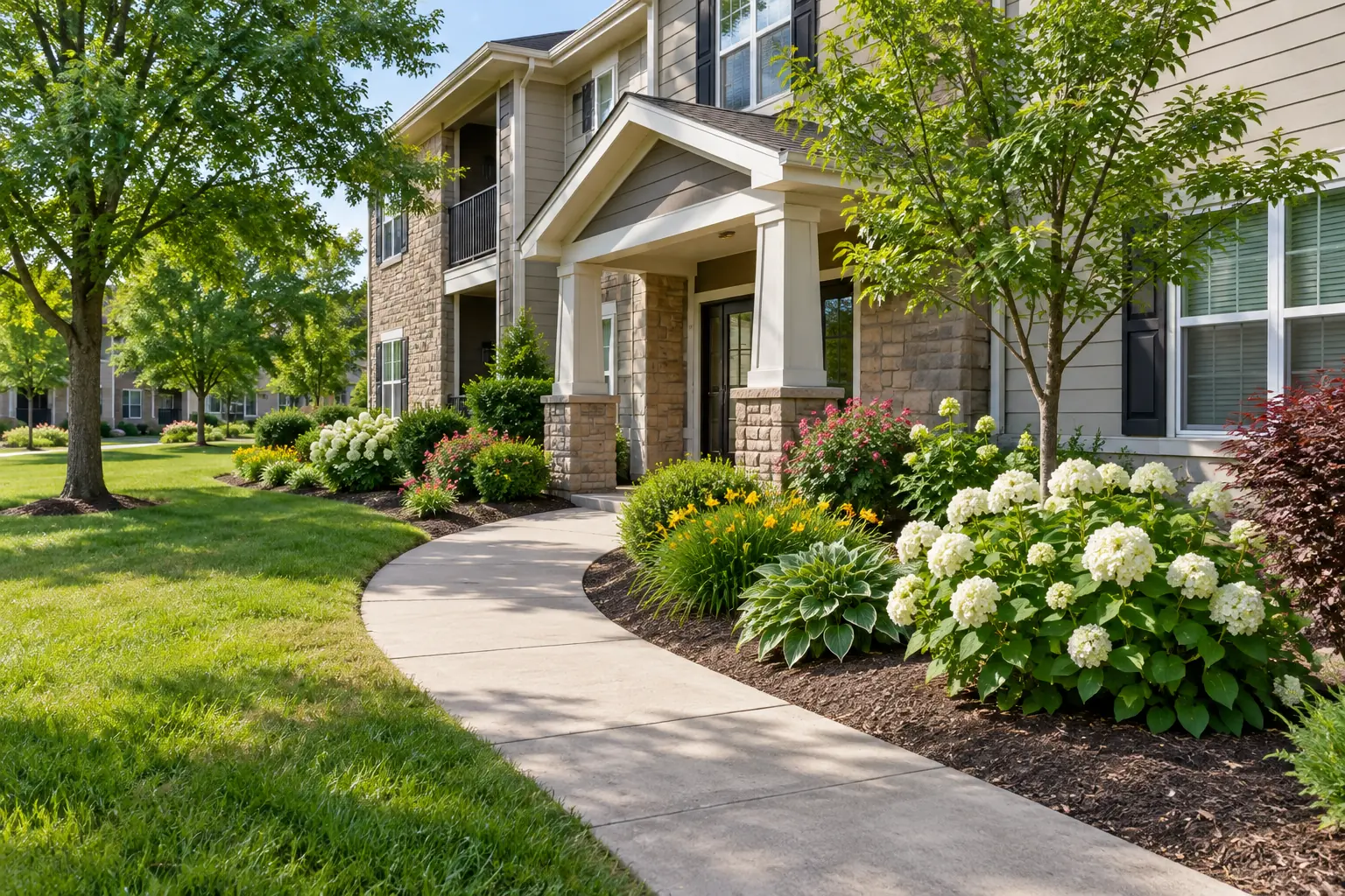 Apartment entry walk lined with new hydrangeas, flowering shrubs and perennials