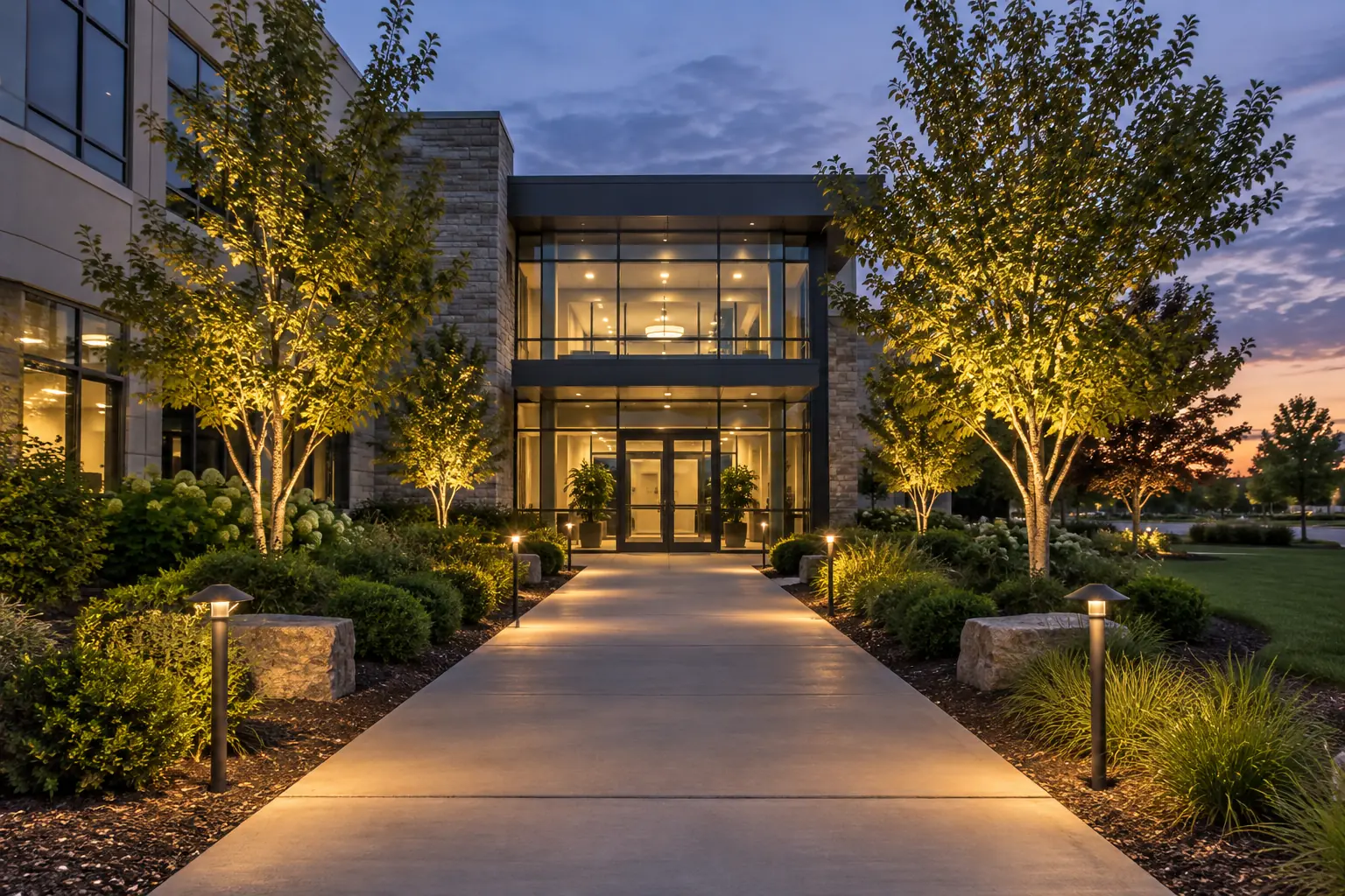 Office walkway at dusk lined with low-voltage path lights and uplit trees
