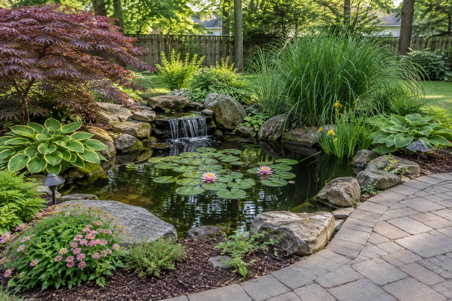 Small backyard pond with boulders and water lilies beside a paver patio