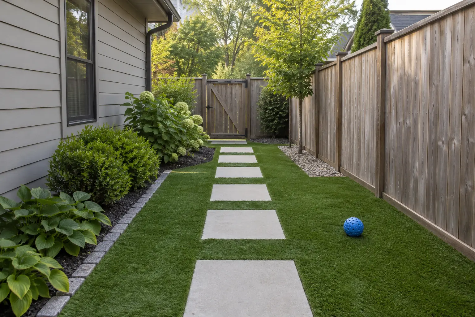 Fenced side yard with artificial turf, square paver steppers and a dog ball