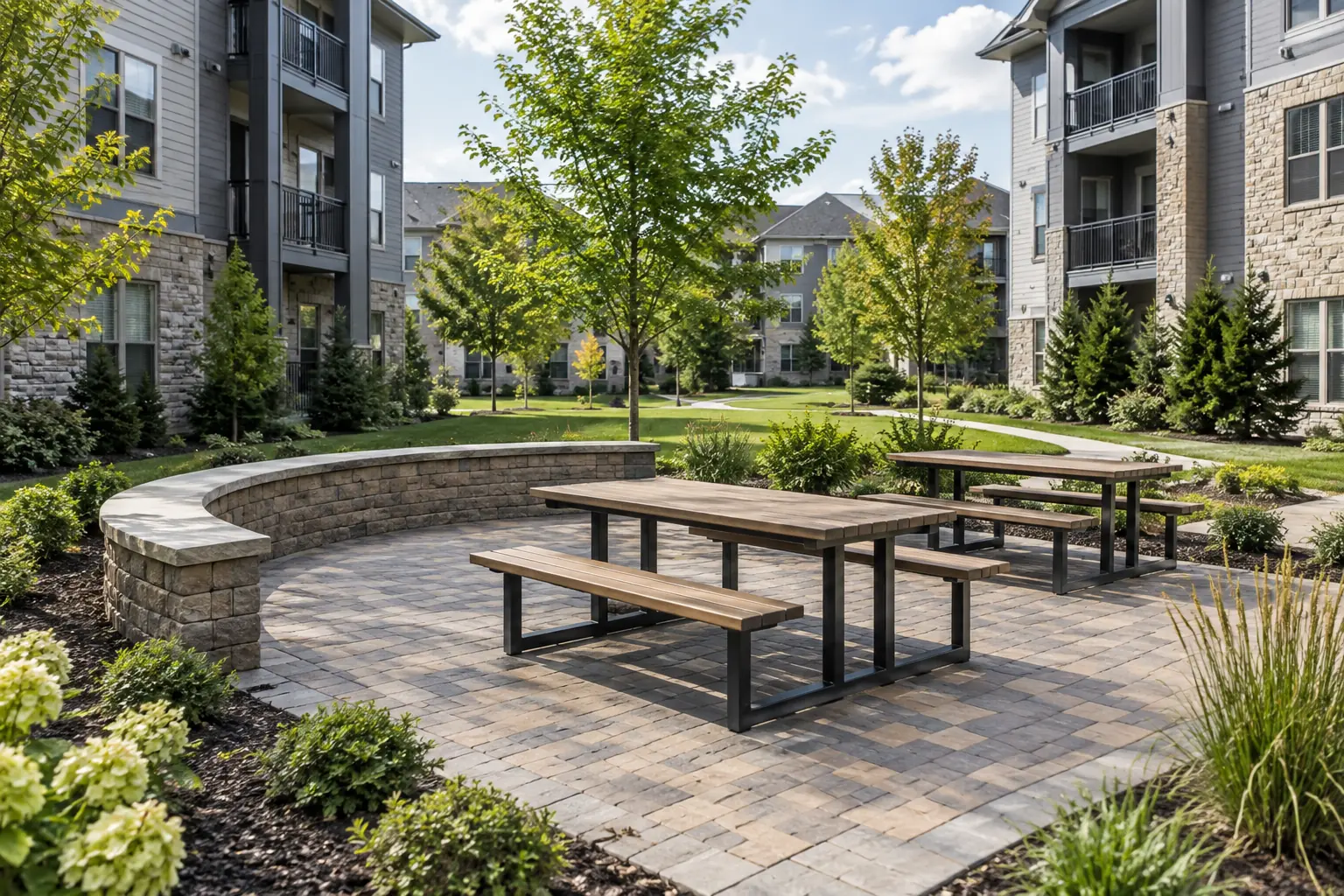 Apartment common area with a paver patio, seat wall, picnic tables and new plantings