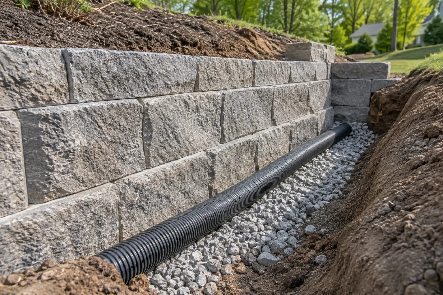 Block retaining wall being rebuilt with drainage gravel and a perforated drain pipe