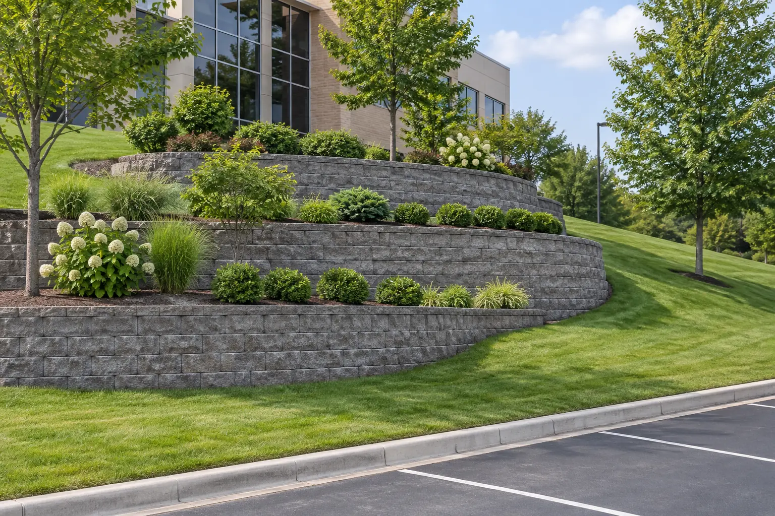 Terraced block retaining wall with shrub plantings along a sloped office lawn