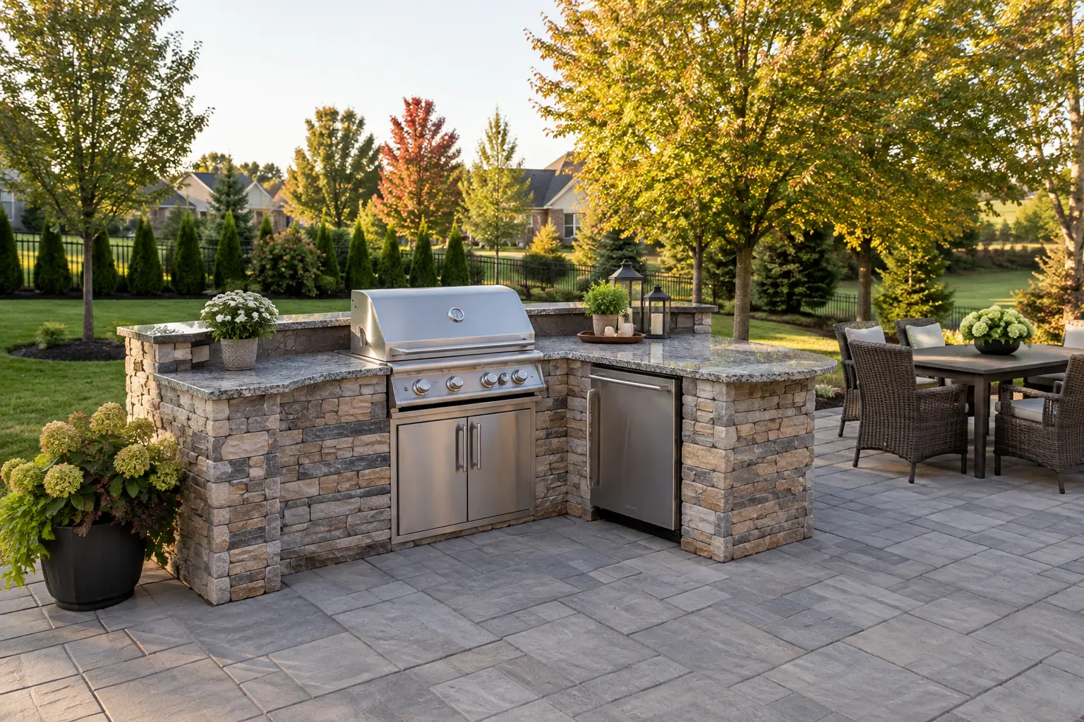 Stone outdoor kitchen island with a built-in grill on a gray paver patio