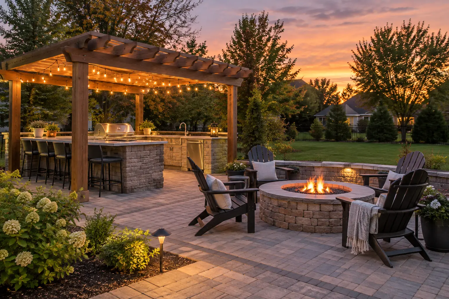 Outdoor kitchen under a cedar pergola with string lights and a fire pit at dusk