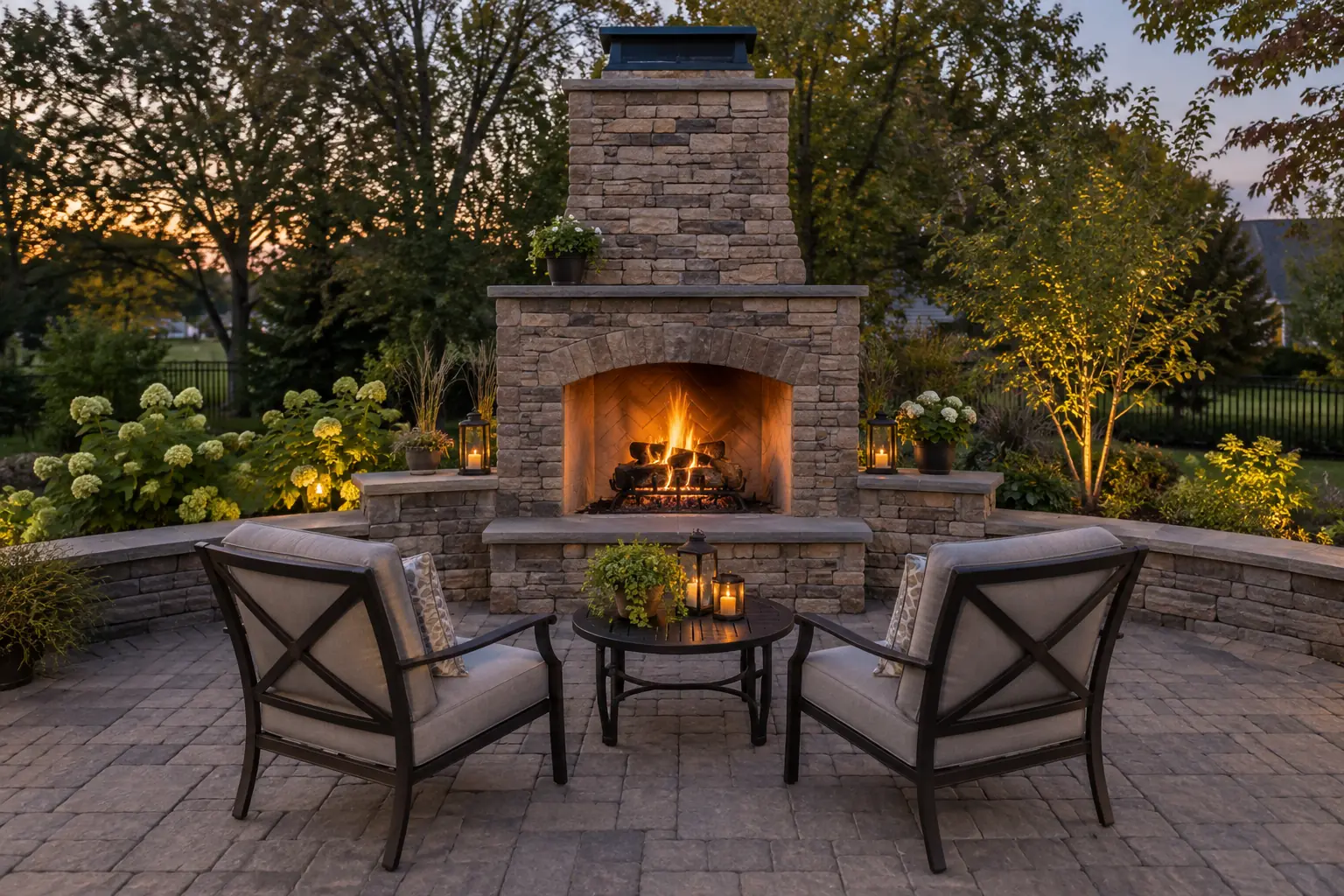 Stacked-stone outdoor fireplace with a fire at the end of a paver patio