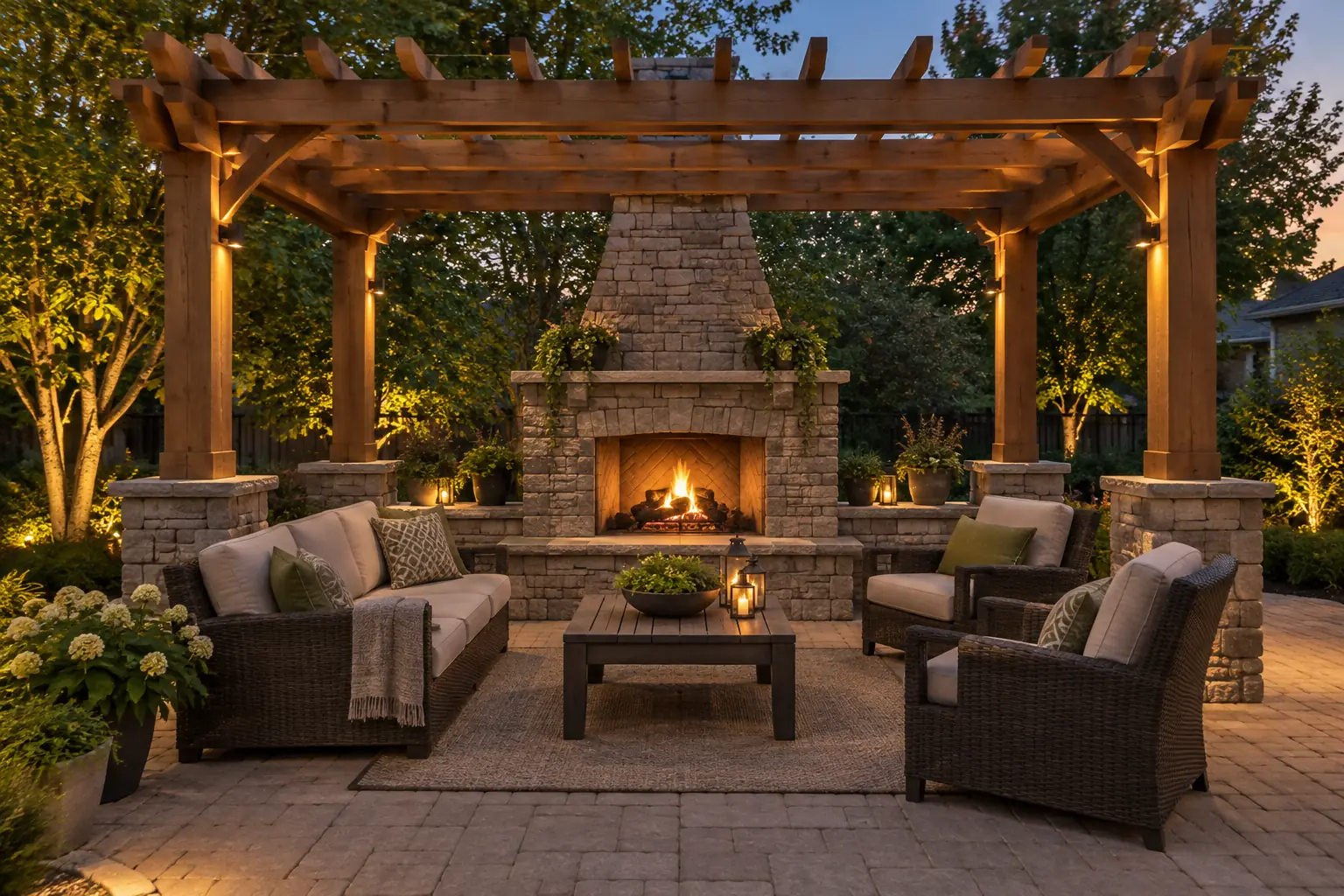Stone outdoor fireplace under a cedar pergola with seating on a paver patio