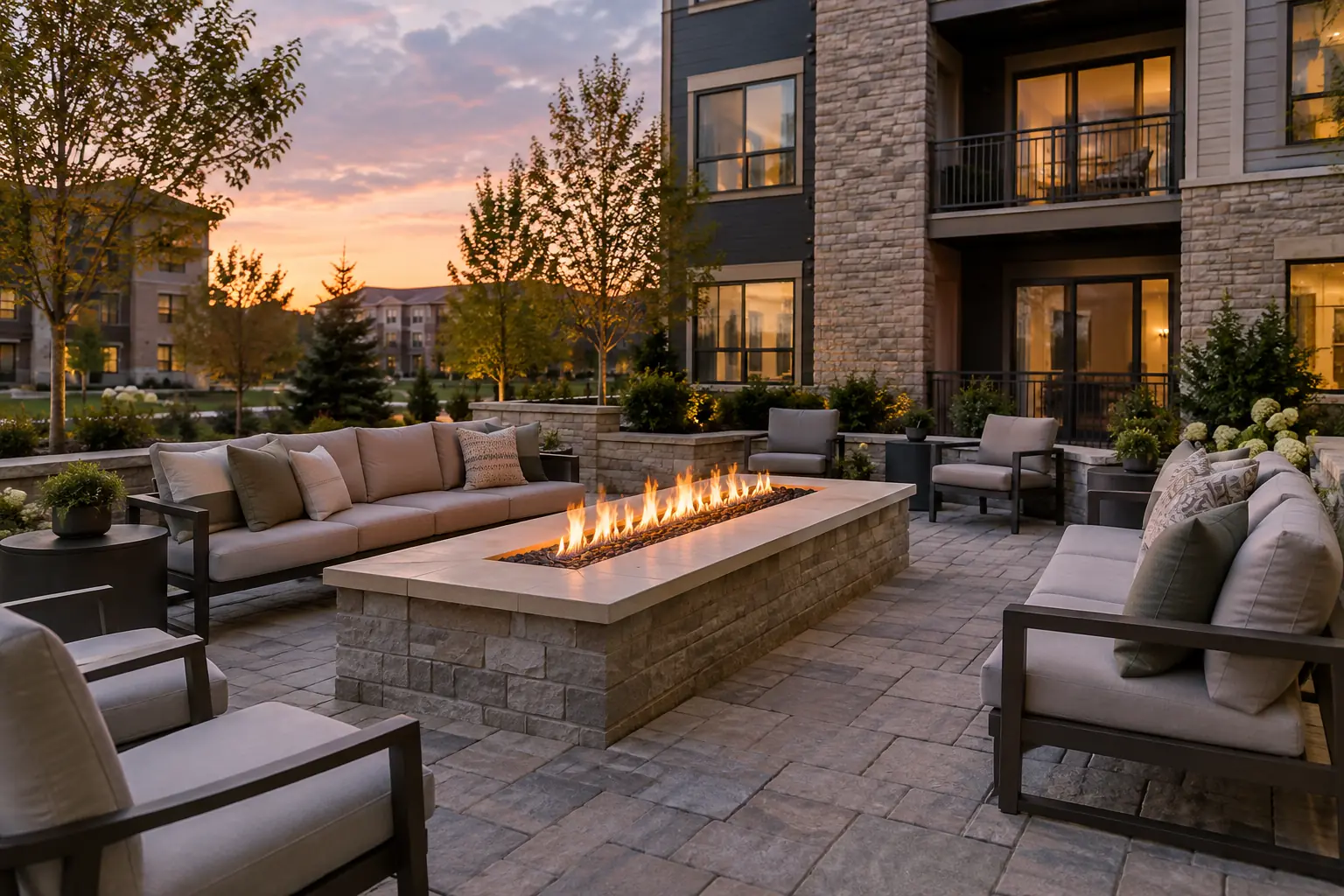 Apartment patio with a linear gas fire table and lounge seating at dusk