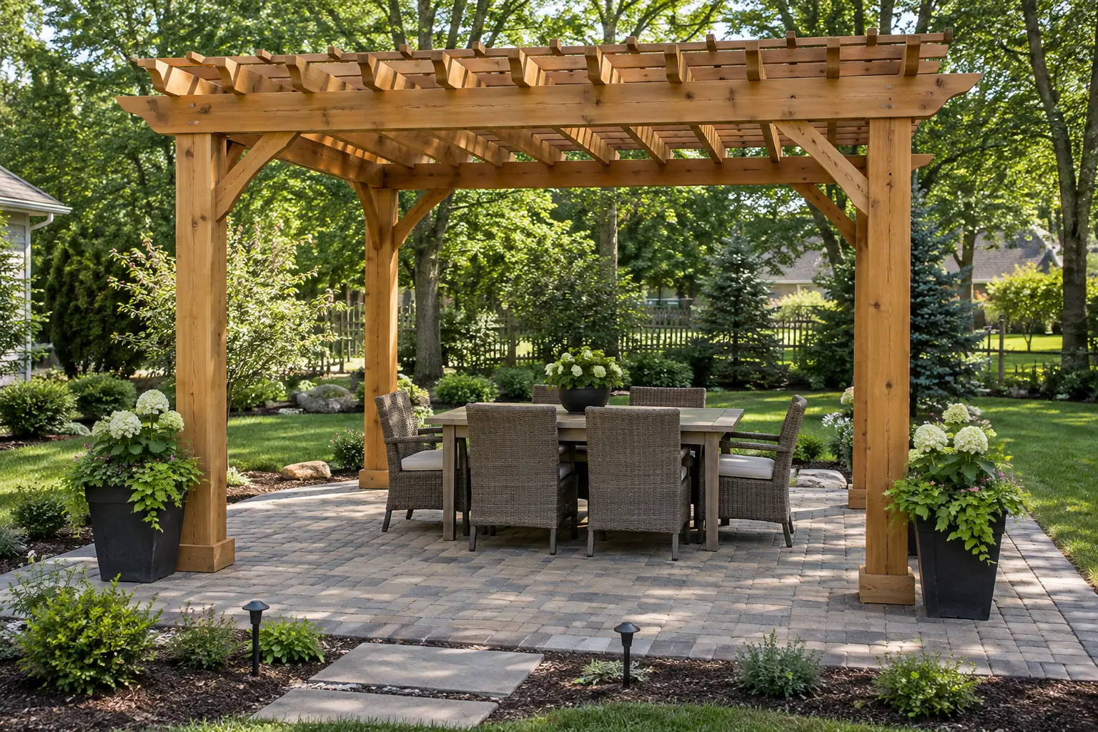 Freestanding cedar pergola over a paver patio with a dining set