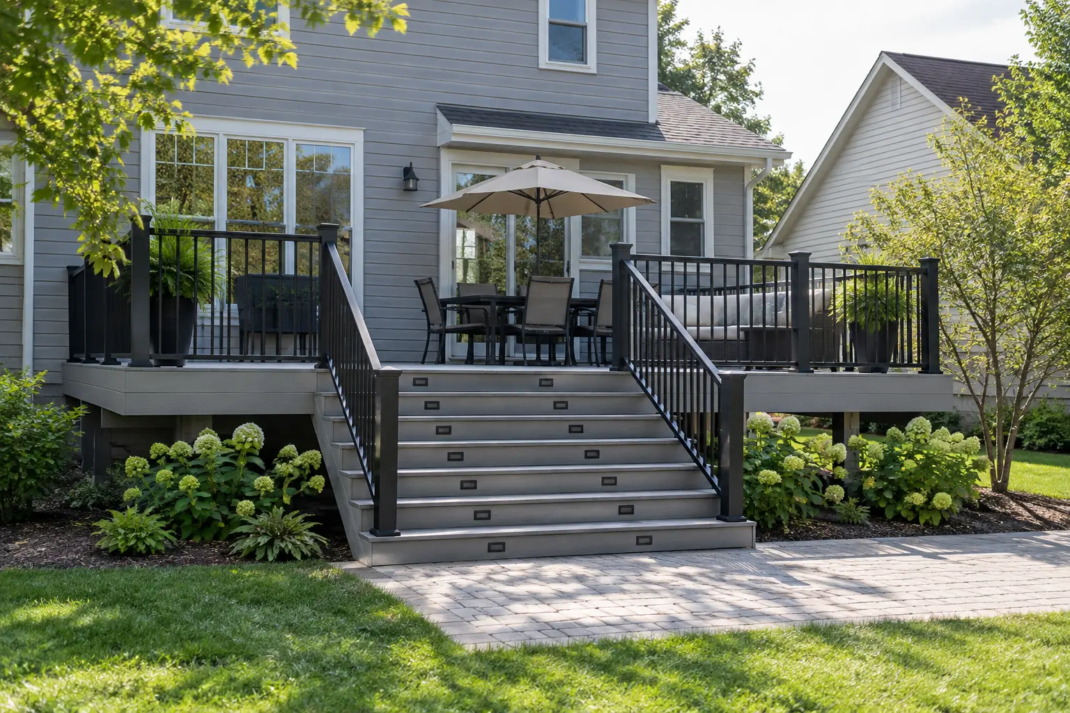 Gray composite deck with black metal balusters and wide stairs