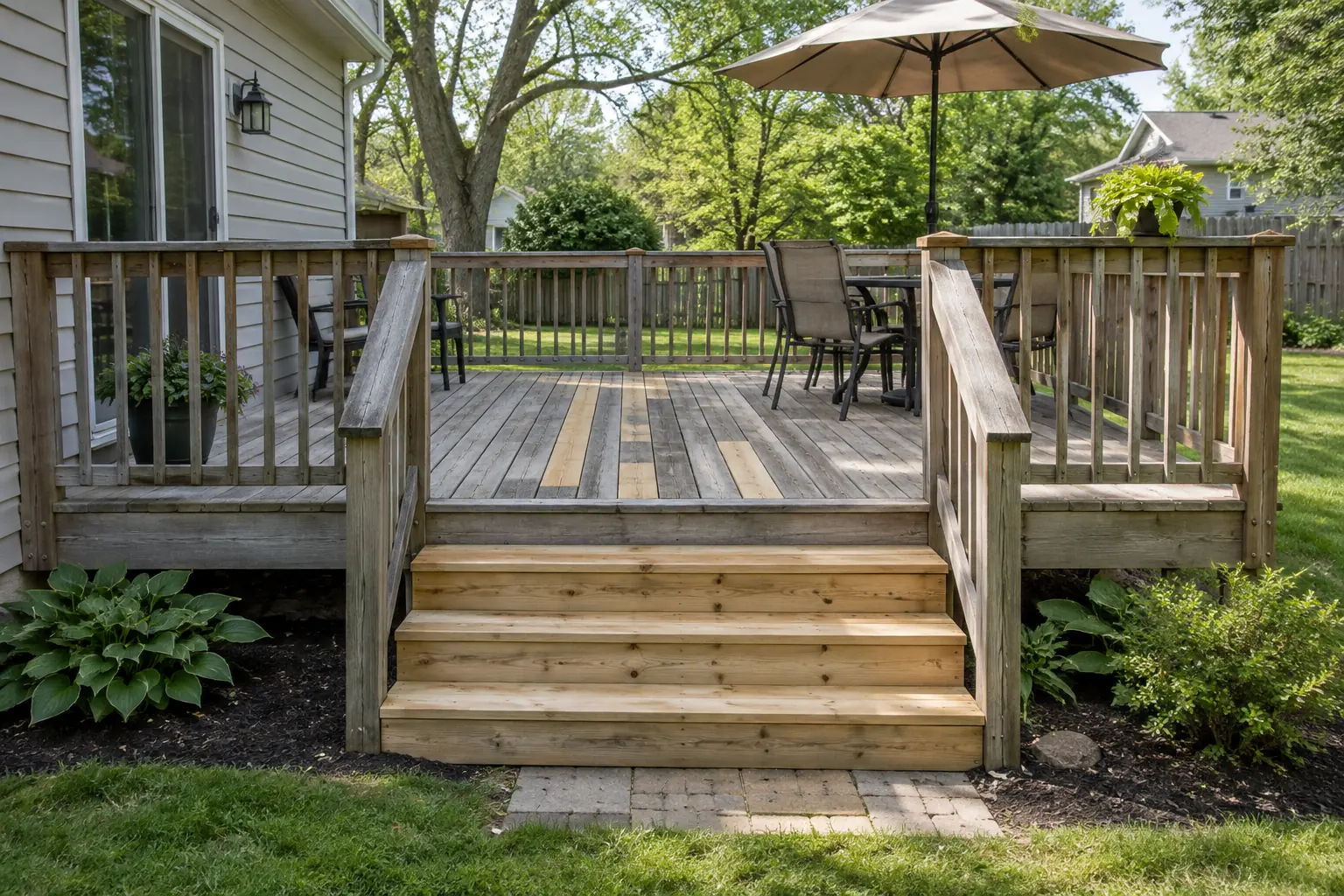 Weathered wood deck with new replacement boards and stair treads