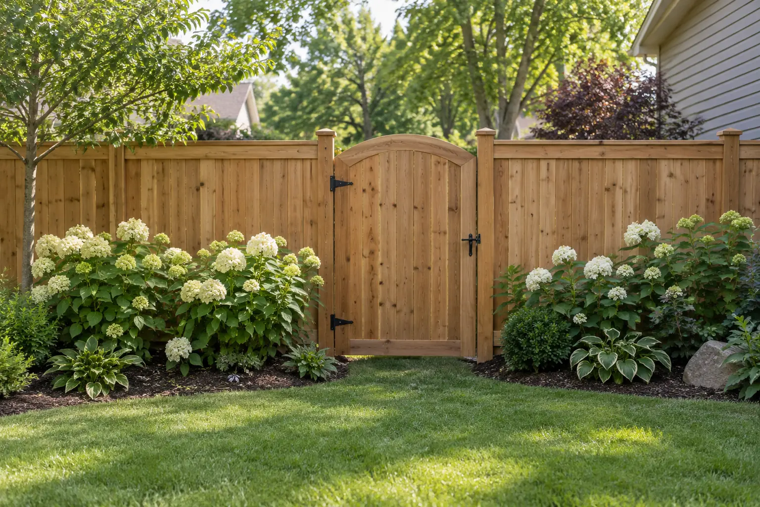 Cedar privacy fence with an arched gate and hydrangeas in front