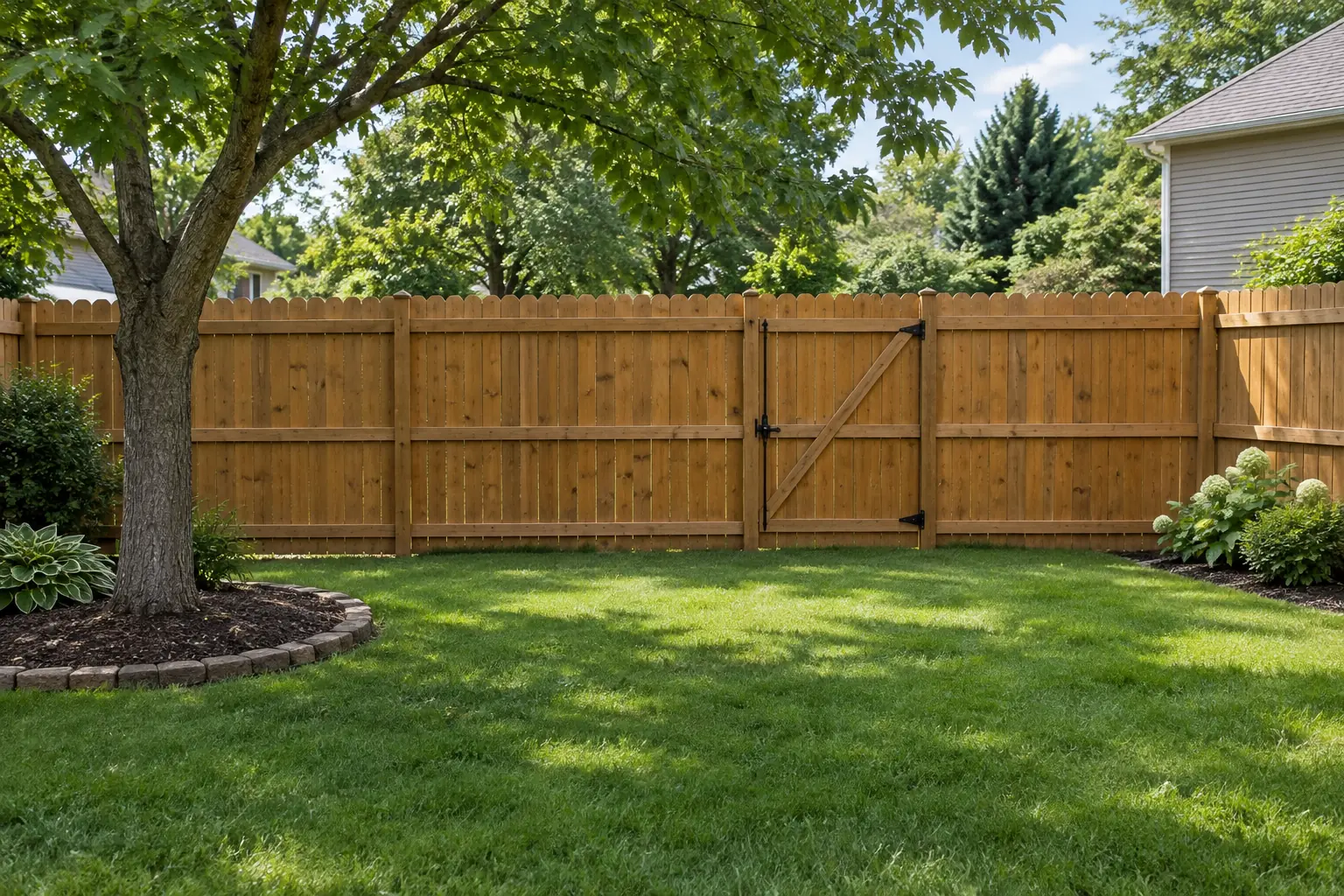Stained treated pine privacy fence with a gate along a backyard lawn