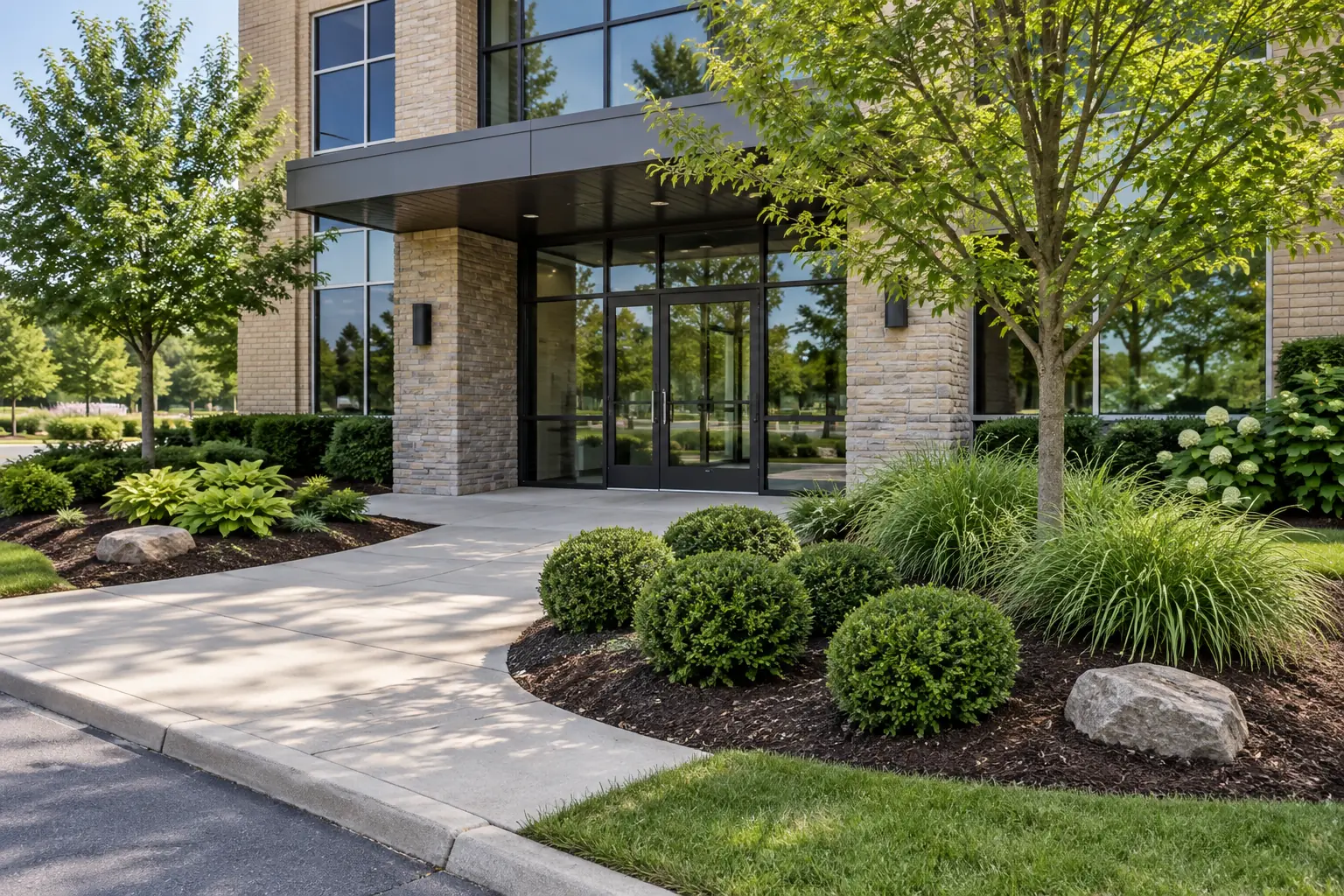 Office entrance beds with fresh dark mulch, crisp edges, shrubs and grasses