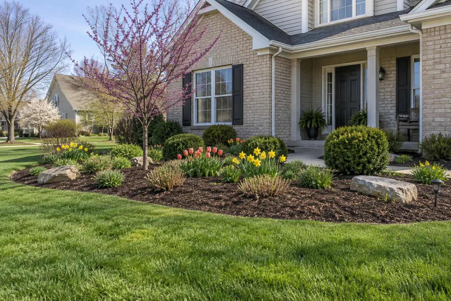 Spring planting bed with perennials cut back, fresh mulch and tulips blooming