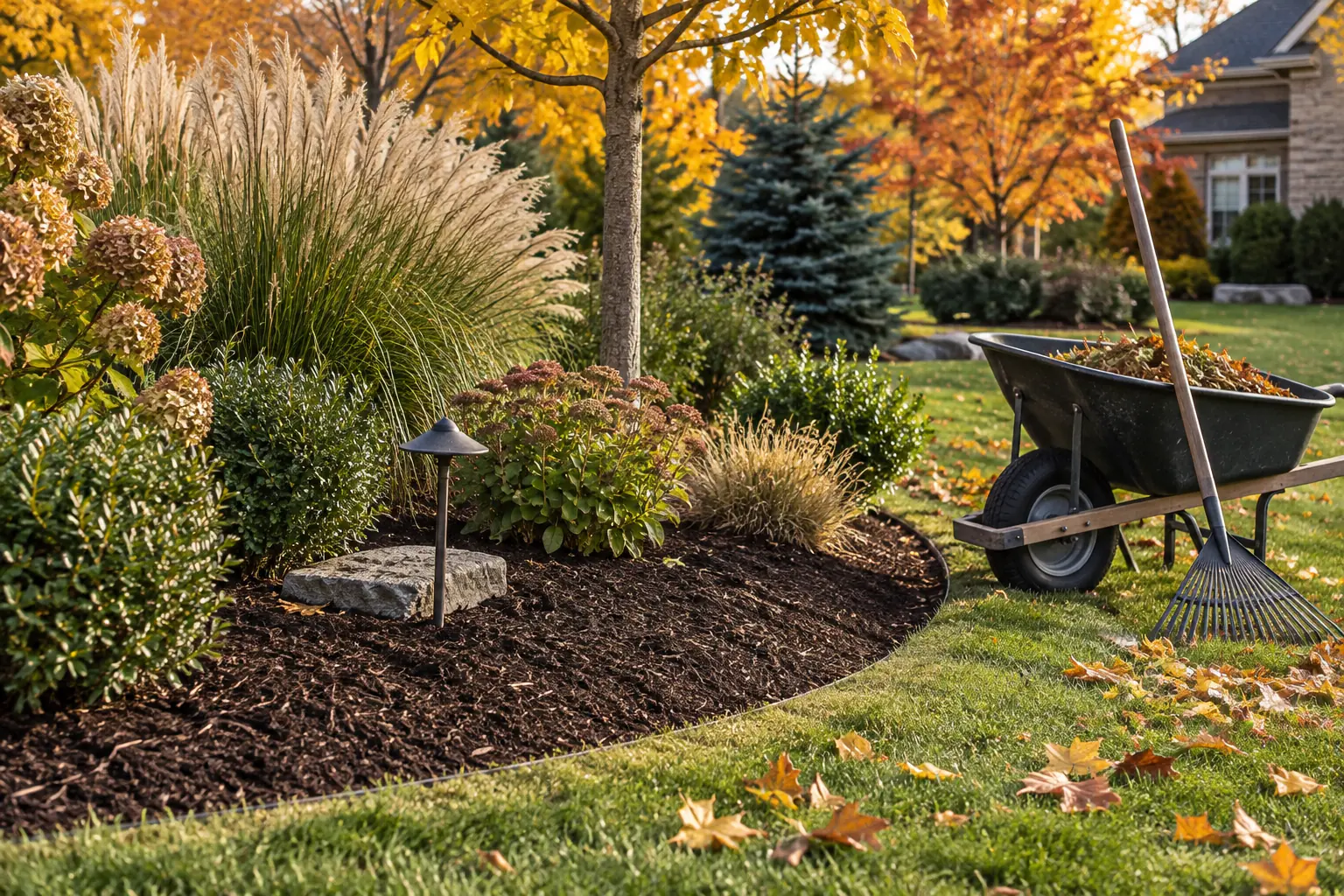 Cleaned fall planting bed with trimmed grasses and a rake on a wheelbarrow