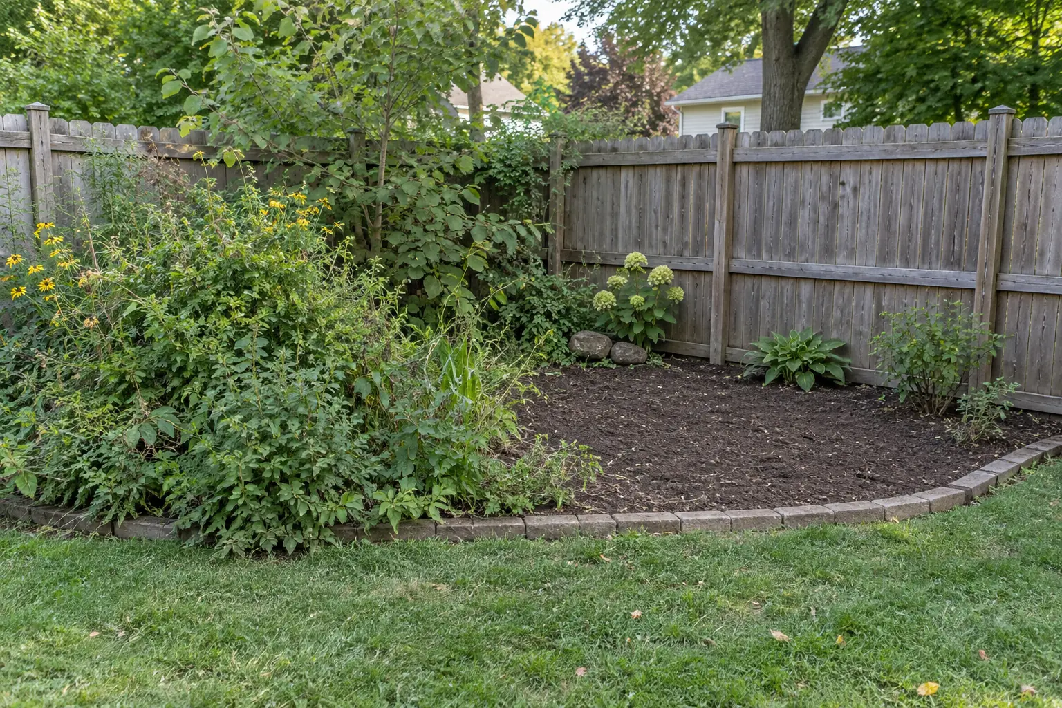 Overgrown garden bed half cleared to bare soil with a neat edge