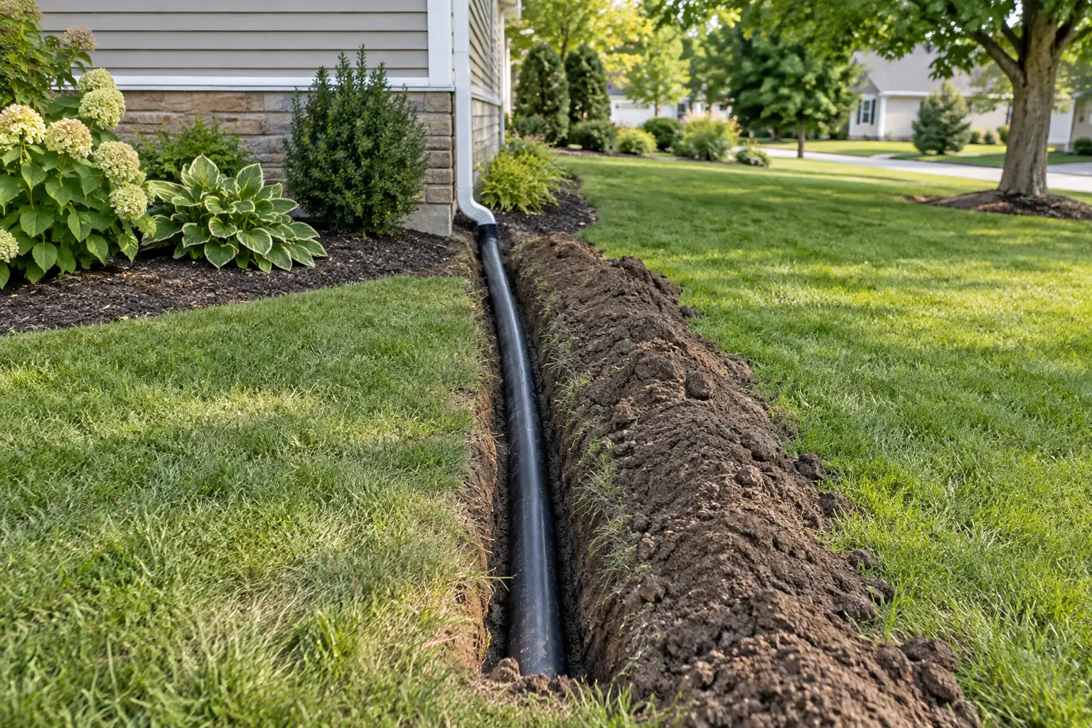 Lawn trench with drain pipe running from a house downspout