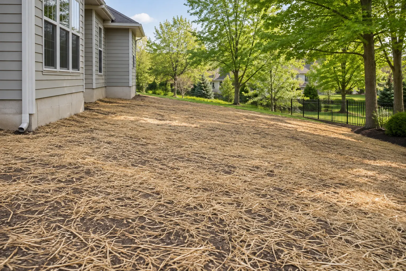 Freshly graded yard sloping away from the house, seeded and covered in straw